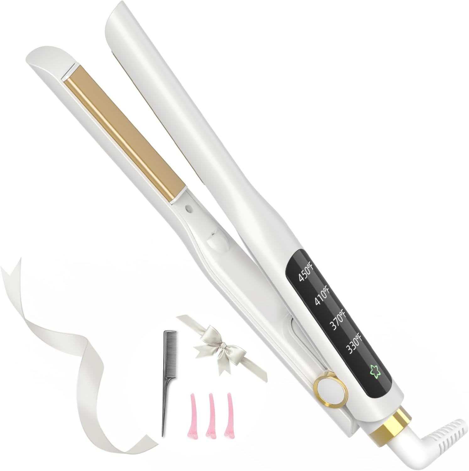 Flat Iron, 1/2 Inch Hair Straightener and Curler 2 in 1, Ceramic Ionic Floating Plates for Less Frizz, 10s Quick Heat Up, Hair straighteners for Women, Straightener for All Hair Types(White)