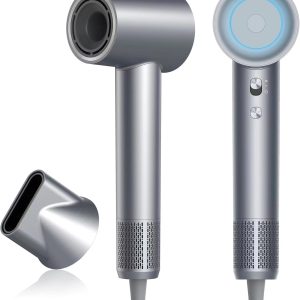 Hair Dryer,  Negative Ion Blow Dryer, 110, 000 RPM Brushless Motor, 3 Heat Settings, 360° Rotating Magnetic Nozzle, High-Speed Low Noise Hair Dryer for Home and Trave (Silver Blue)